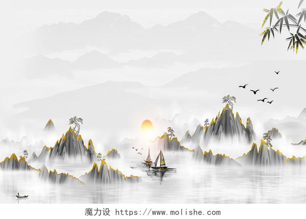 新中式金箔描边中国风唯美新中式水墨山水新中式水墨抽象山水背景